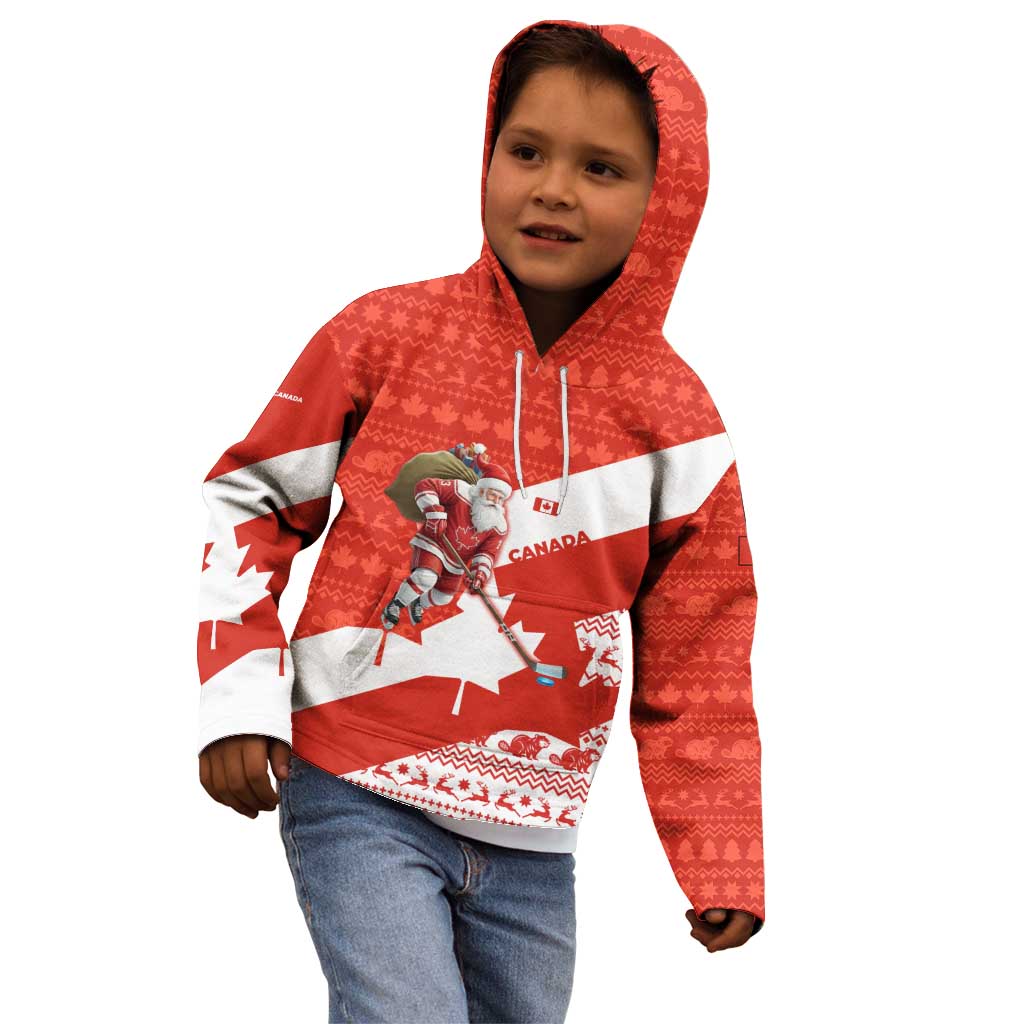 Canada Christmas Kid Hoodie with Santa Playing Hockey Maple Leaf Flag and Red White Knit Pattern Design - Wonder Print Shop