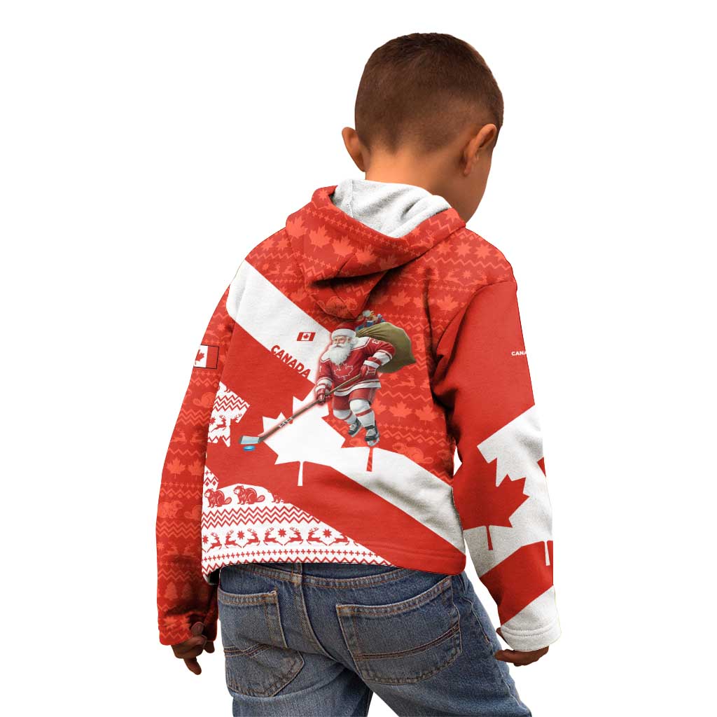 Canada Christmas Kid Hoodie with Santa Playing Hockey Maple Leaf Flag and Red White Knit Pattern Design - Wonder Print Shop