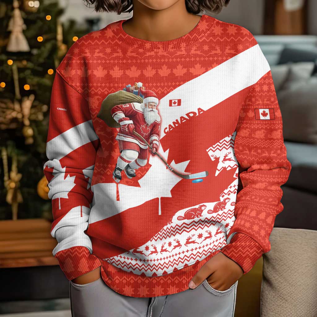 Canada Christmas Kid Ugly Christmas Sweater with Santa Playing Hockey Maple Leaf Flag and Red White Knit Pattern Design - Wonder Print Shop