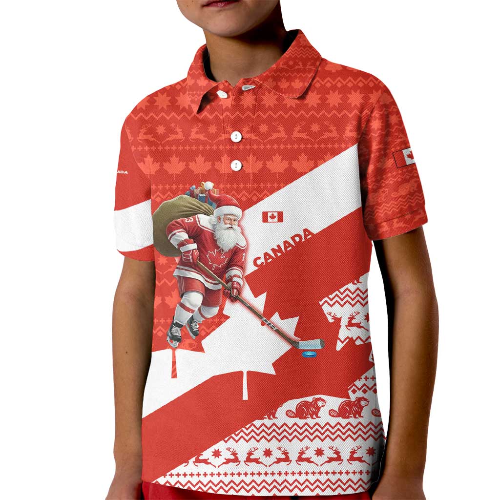 Canada Christmas Kid Polo Shirt with Santa Playing Hockey Maple Leaf Flag and Red White Knit Pattern Design - Wonder Print Shop