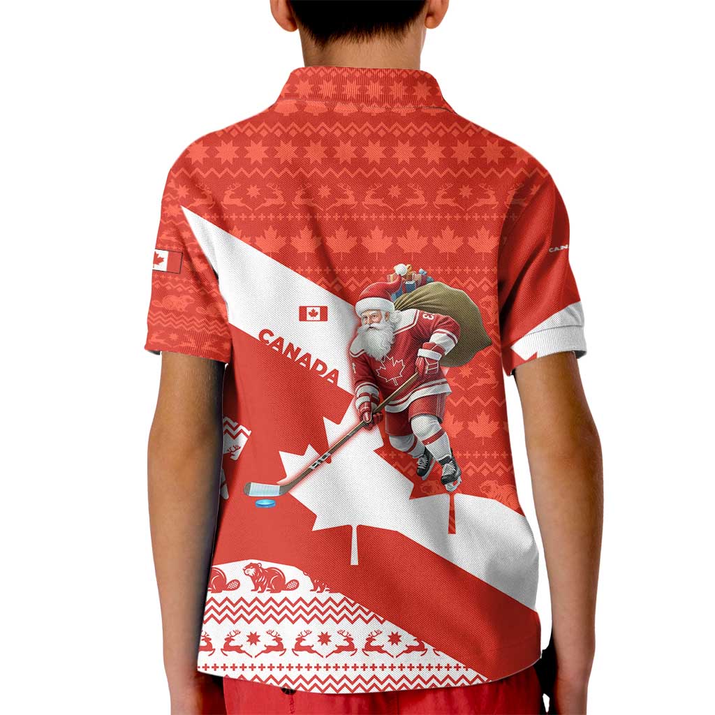 Canada Christmas Kid Polo Shirt with Santa Playing Hockey Maple Leaf Flag and Red White Knit Pattern Design - Wonder Print Shop