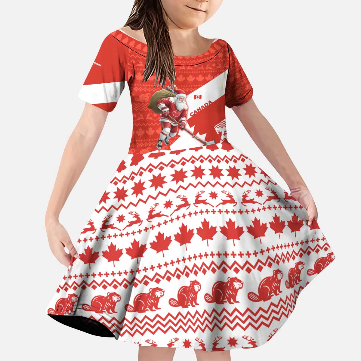Canada Christmas Kid Short Sleeve Dress with Santa Playing Hockey Maple Leaf Flag and Red White Knit Pattern Design - Wonder Print Shop
