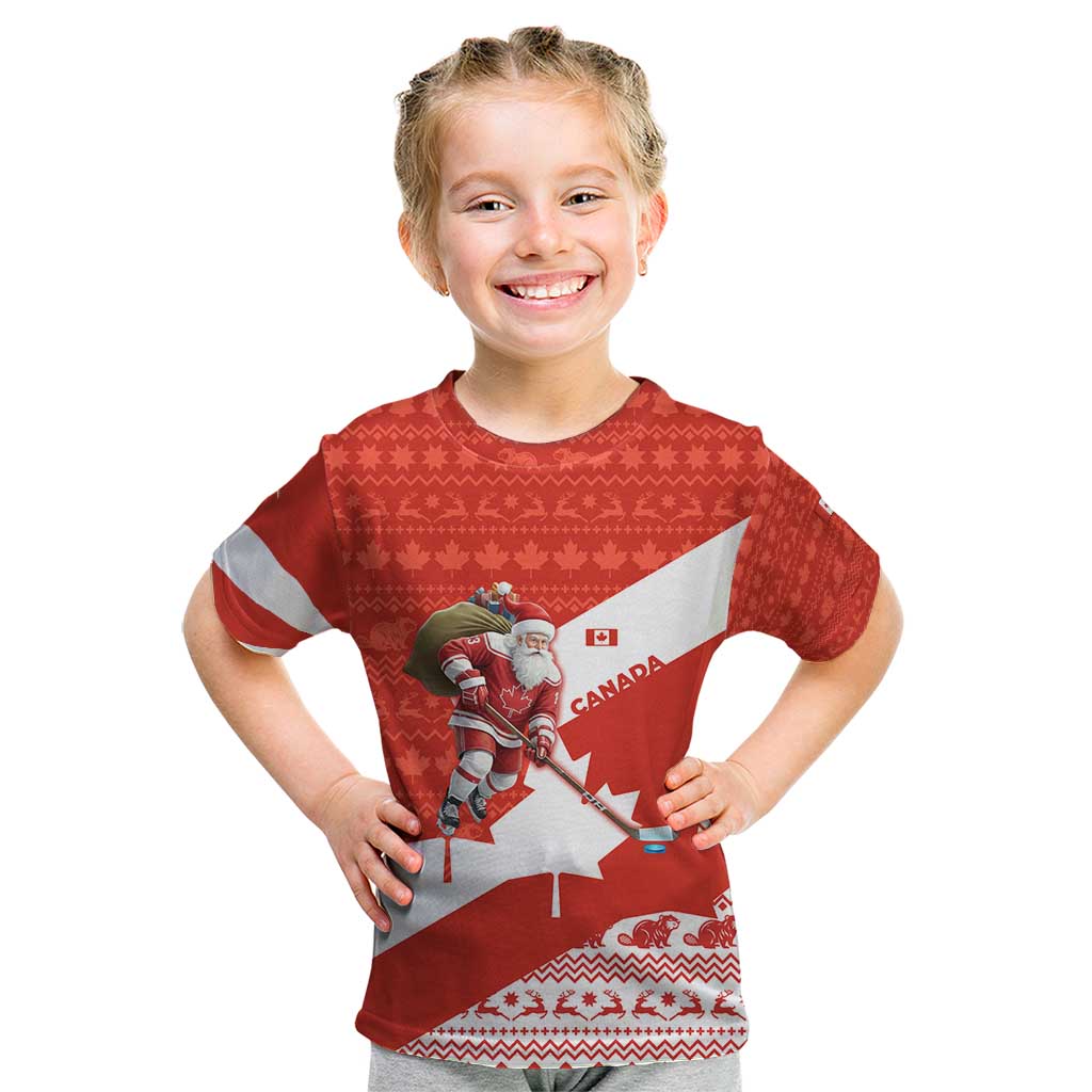 Canada Christmas Kid T Shirt with Santa Playing Hockey Maple Leaf Flag and Red White Knit Pattern Design - Wonder Print Shop