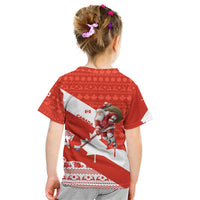 Canada Christmas Kid T Shirt with Santa Playing Hockey Maple Leaf Flag and Red White Knit Pattern Design - Wonder Print Shop
