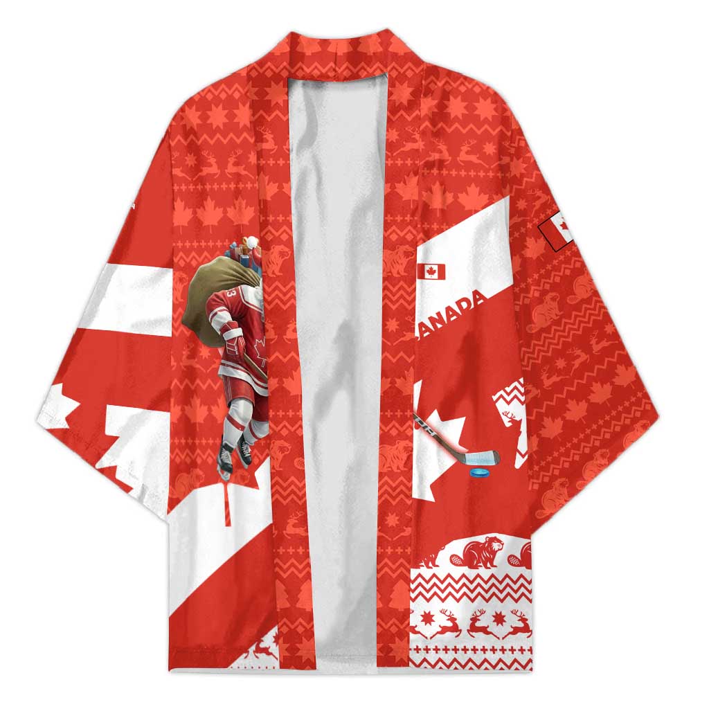 Canada Christmas Kimono with Santa Playing Hockey Maple Leaf Flag and Red White Knit Pattern Design - Wonder Print Shop