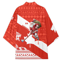 Canada Christmas Kimono with Santa Playing Hockey Maple Leaf Flag and Red White Knit Pattern Design - Wonder Print Shop