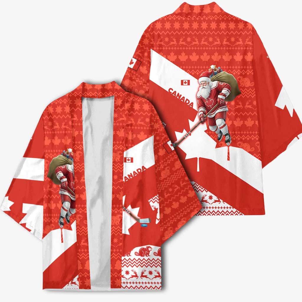 Canada Christmas Kimono with Santa Playing Hockey Maple Leaf Flag and Red White Knit Pattern Design - Wonder Print Shop