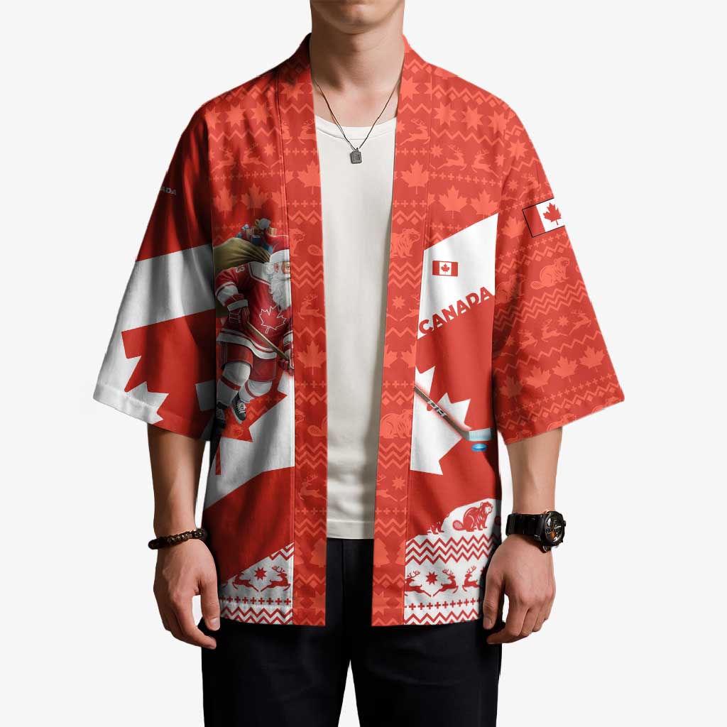 Canada Christmas Kimono with Santa Playing Hockey Maple Leaf Flag and Red White Knit Pattern Design - Wonder Print Shop