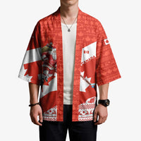 Canada Christmas Kimono with Santa Playing Hockey Maple Leaf Flag and Red White Knit Pattern Design - Wonder Print Shop
