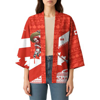 Canada Christmas Kimono with Santa Playing Hockey Maple Leaf Flag and Red White Knit Pattern Design - Wonder Print Shop
