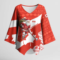 Canada Christmas Kimono Sleeve Blouse with Santa Playing Hockey Maple Leaf Flag and Red White Knit Pattern Design - Wonder Print Shop