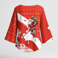 Canada Christmas Kimono Sleeve Blouse with Santa Playing Hockey Maple Leaf Flag and Red White Knit Pattern Design - Wonder Print Shop