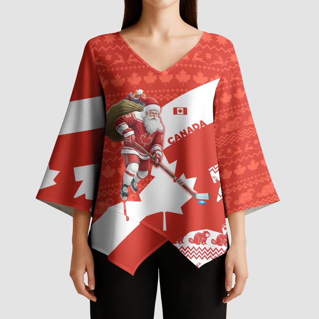 Canada Christmas Kimono Sleeve Blouse with Santa Playing Hockey Maple Leaf Flag and Red White Knit Pattern Design - Wonder Print Shop
