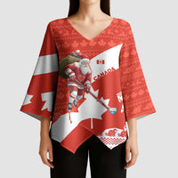 Canada Christmas Kimono Sleeve Blouse with Santa Playing Hockey Maple Leaf Flag and Red White Knit Pattern Design - Wonder Print Shop