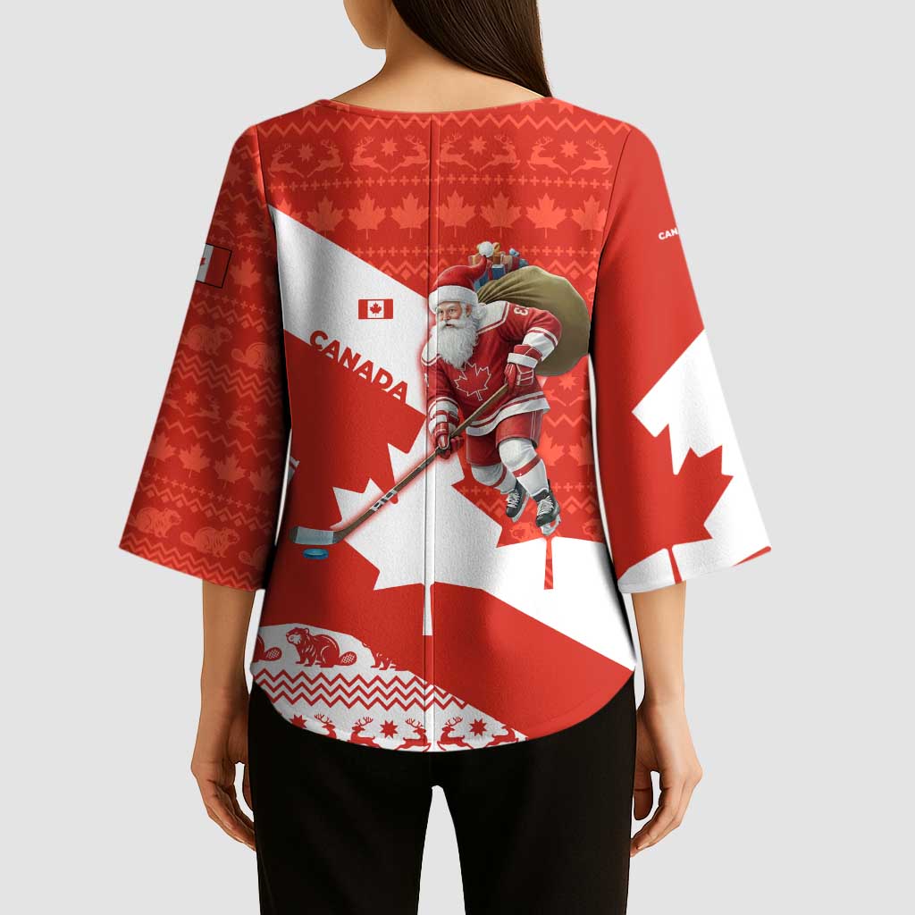 Canada Christmas Kimono Sleeve Blouse with Santa Playing Hockey Maple Leaf Flag and Red White Knit Pattern Design - Wonder Print Shop