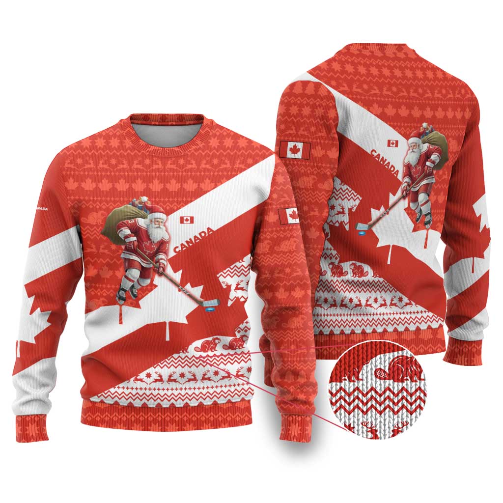 Canada Christmas Ugly Christmas Sweater with Santa Playing Hockey Maple Leaf Flag and Red White Knit Pattern Design - Wonder Print Shop