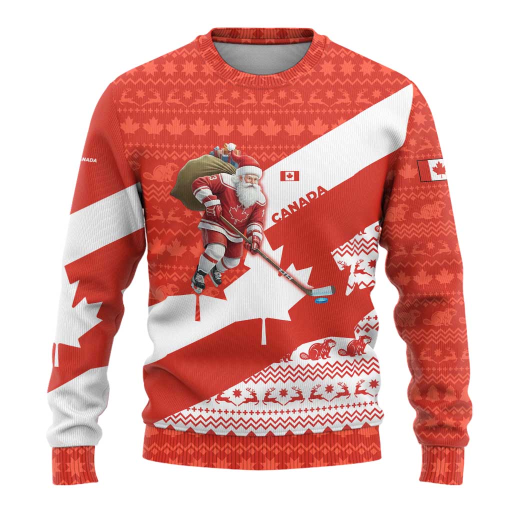Canada Christmas Ugly Christmas Sweater with Santa Playing Hockey Maple Leaf Flag and Red White Knit Pattern Design - Wonder Print Shop