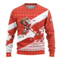 Canada Christmas Ugly Christmas Sweater with Santa Playing Hockey Maple Leaf Flag and Red White Knit Pattern Design - Wonder Print Shop