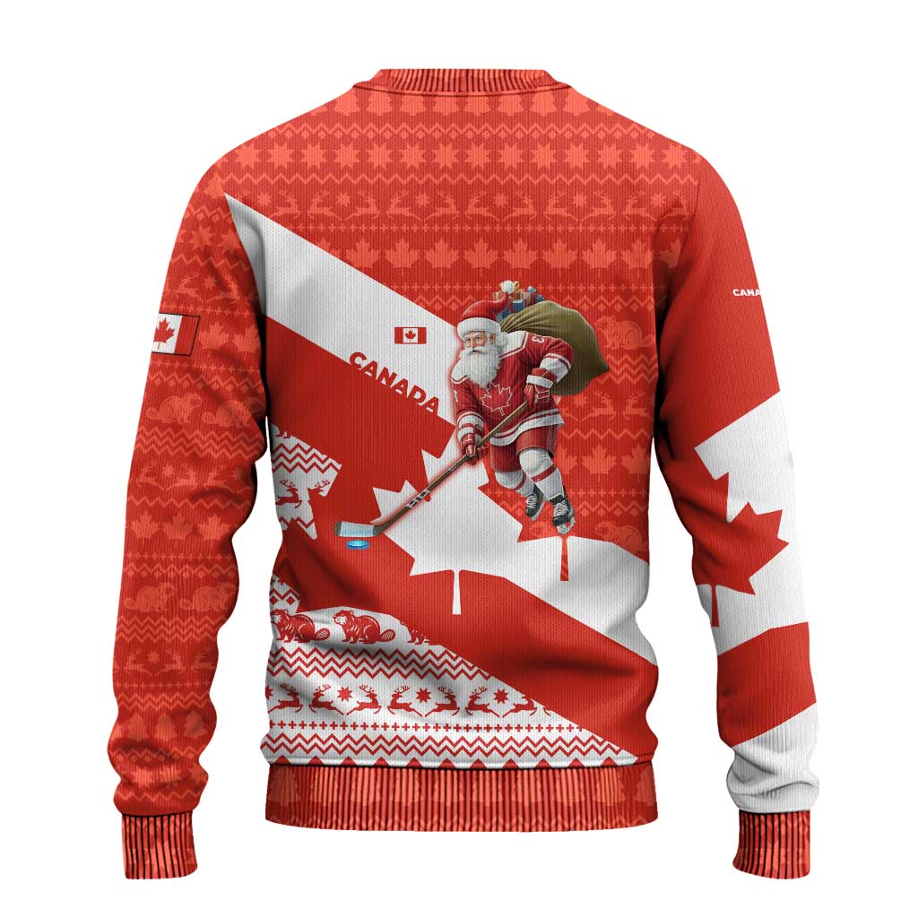 Canada Christmas Ugly Christmas Sweater with Santa Playing Hockey Maple Leaf Flag and Red White Knit Pattern Design - Wonder Print Shop