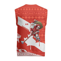 Canada Christmas Knitted V-Neck Vest with Santa Playing Hockey Maple Leaf Flag and Red White Knit Pattern Design - Wonder Print Shop
