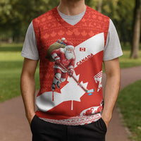 Canada Christmas Knitted V-Neck Vest with Santa Playing Hockey Maple Leaf Flag and Red White Knit Pattern Design - Wonder Print Shop