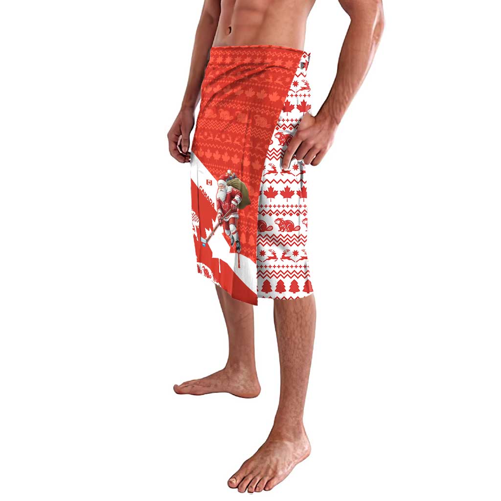 Canada Christmas Lavalava with Santa Playing Hockey Maple Leaf Flag and Red White Knit Pattern Design - Wonder Print Shop