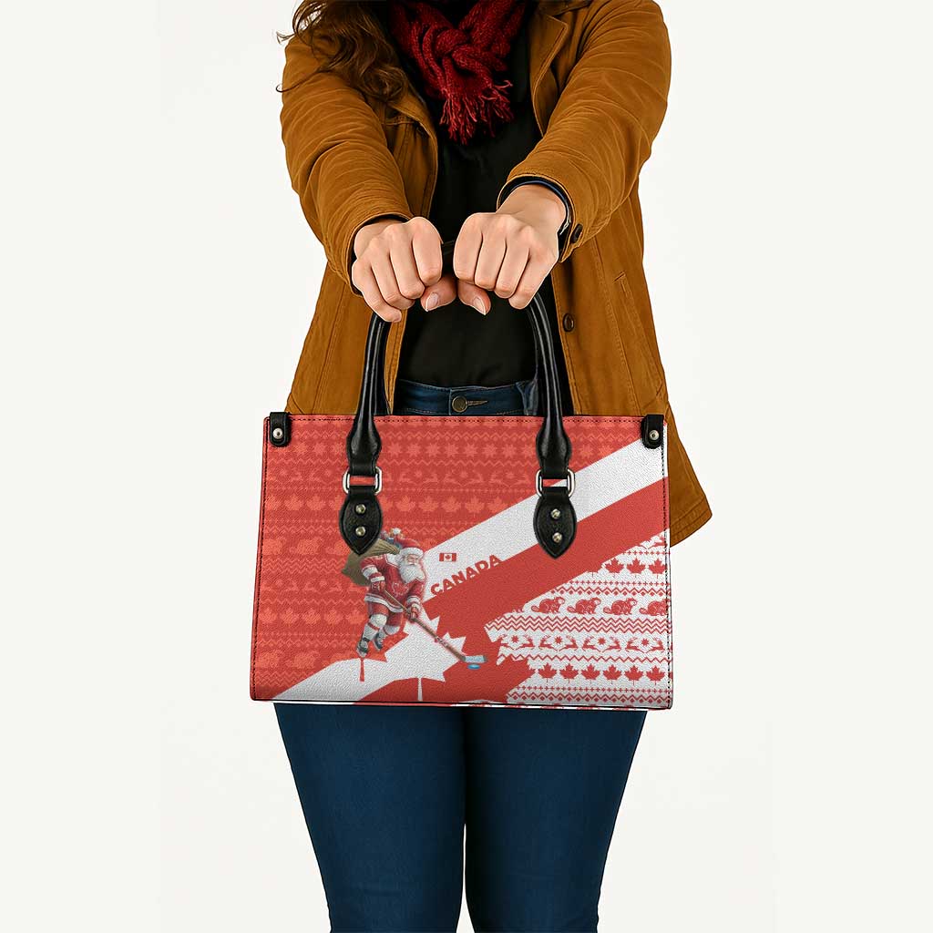 Canada Christmas Leather Bag with Santa Playing Hockey Maple Leaf Flag and Red White Knit Pattern Design - Wonder Print Shop