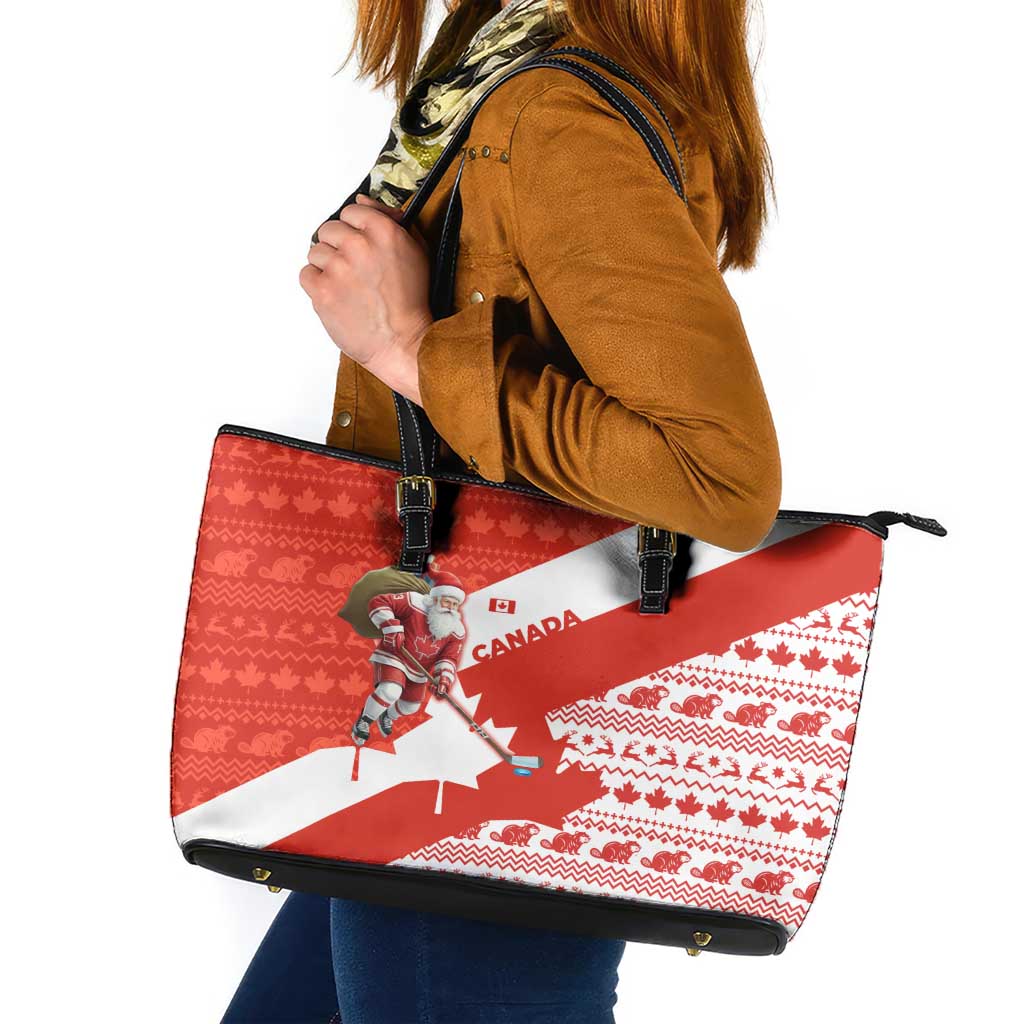 Canada Christmas Leather Tote Bag with Santa Playing Hockey Maple Leaf Flag and Red White Knit Pattern Design - Wonder Print Shop