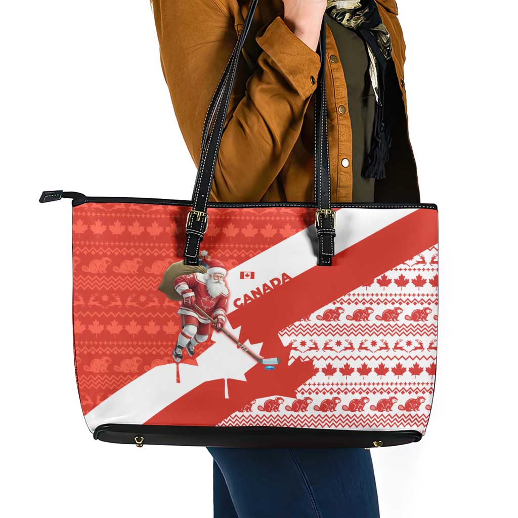 Canada Christmas Leather Tote Bag with Santa Playing Hockey Maple Leaf Flag and Red White Knit Pattern Design - Wonder Print Shop