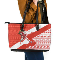 Canada Christmas Leather Tote Bag with Santa Playing Hockey Maple Leaf Flag and Red White Knit Pattern Design - Wonder Print Shop