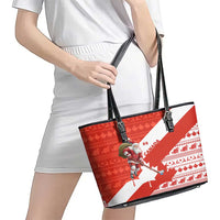 Canada Christmas Leather Tote Bag with Santa Playing Hockey Maple Leaf Flag and Red White Knit Pattern Design - Wonder Print Shop