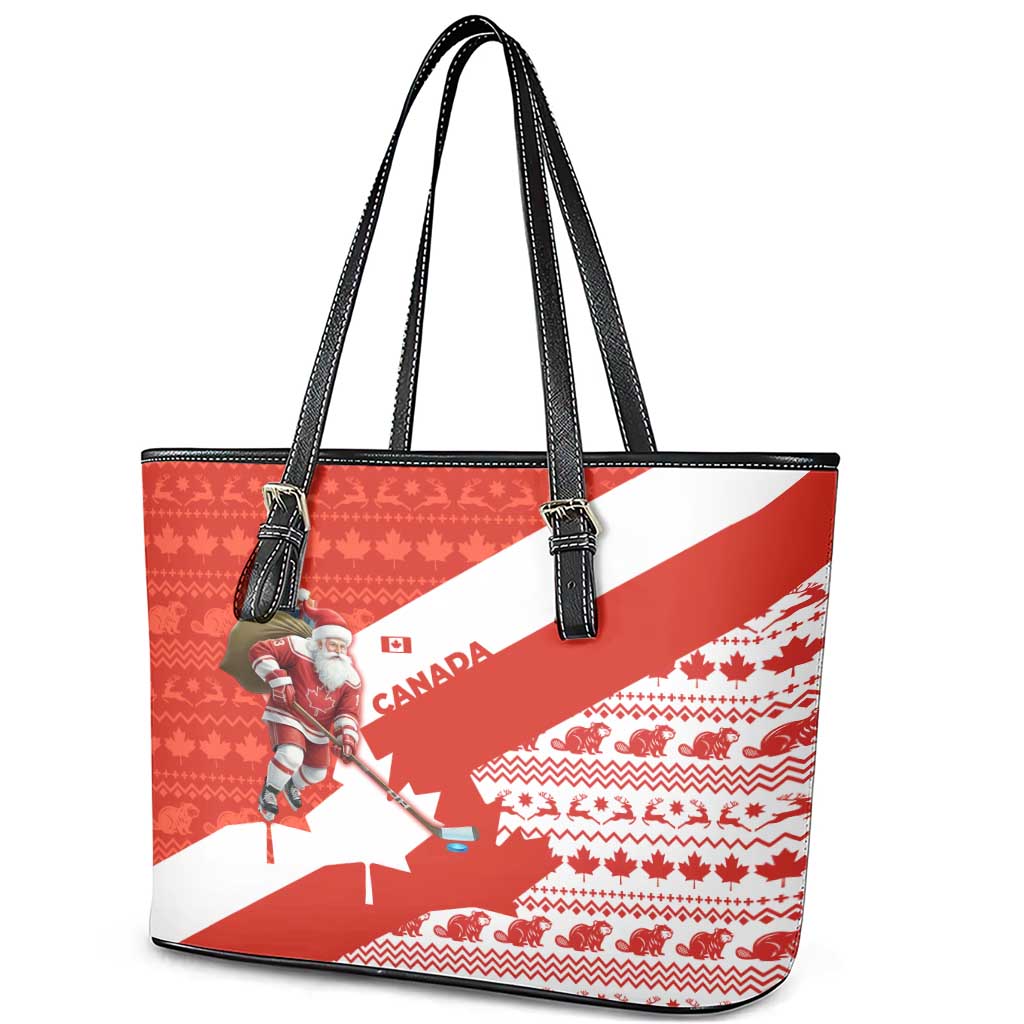 Canada Christmas Leather Tote Bag with Santa Playing Hockey Maple Leaf Flag and Red White Knit Pattern Design - Wonder Print Shop