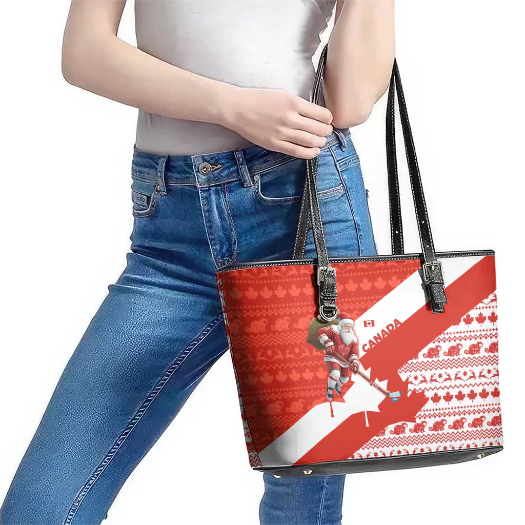 Canada Christmas Leather Tote Bag with Santa Playing Hockey Maple Leaf Flag and Red White Knit Pattern Design - Wonder Print Shop