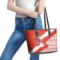 Canada Christmas Leather Tote Bag with Santa Playing Hockey Maple Leaf Flag and Red White Knit Pattern Design - Wonder Print Shop