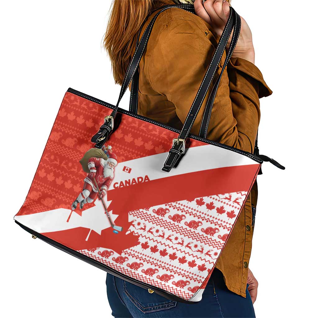 Canada Christmas Leather Tote Bag with Santa Playing Hockey Maple Leaf Flag and Red White Knit Pattern Design - Wonder Print Shop