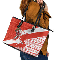 Canada Christmas Leather Tote Bag with Santa Playing Hockey Maple Leaf Flag and Red White Knit Pattern Design - Wonder Print Shop