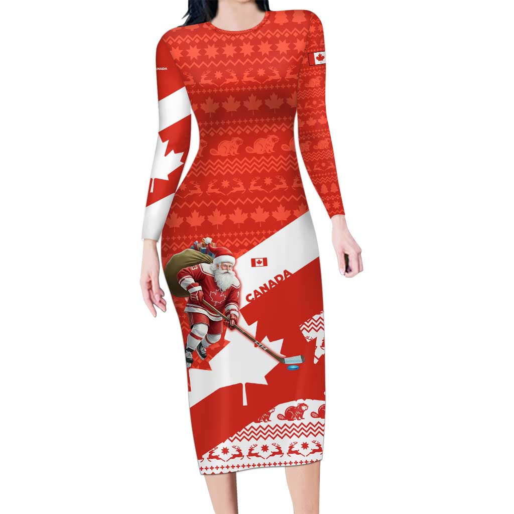 Canada Christmas Long Sleeve Bodycon Dress with Santa Playing Hockey Maple Leaf Flag and Red White Knit Pattern Design - Wonder Print Shop