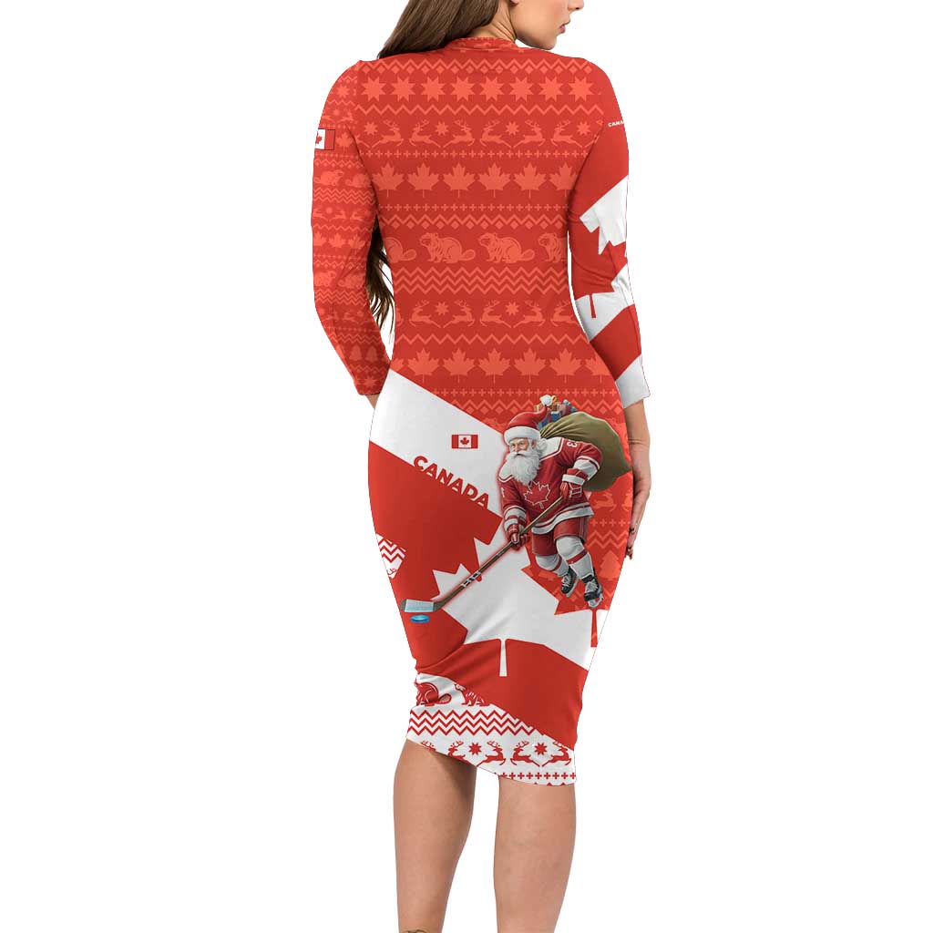 Canada Christmas Long Sleeve Bodycon Dress with Santa Playing Hockey Maple Leaf Flag and Red White Knit Pattern Design - Wonder Print Shop