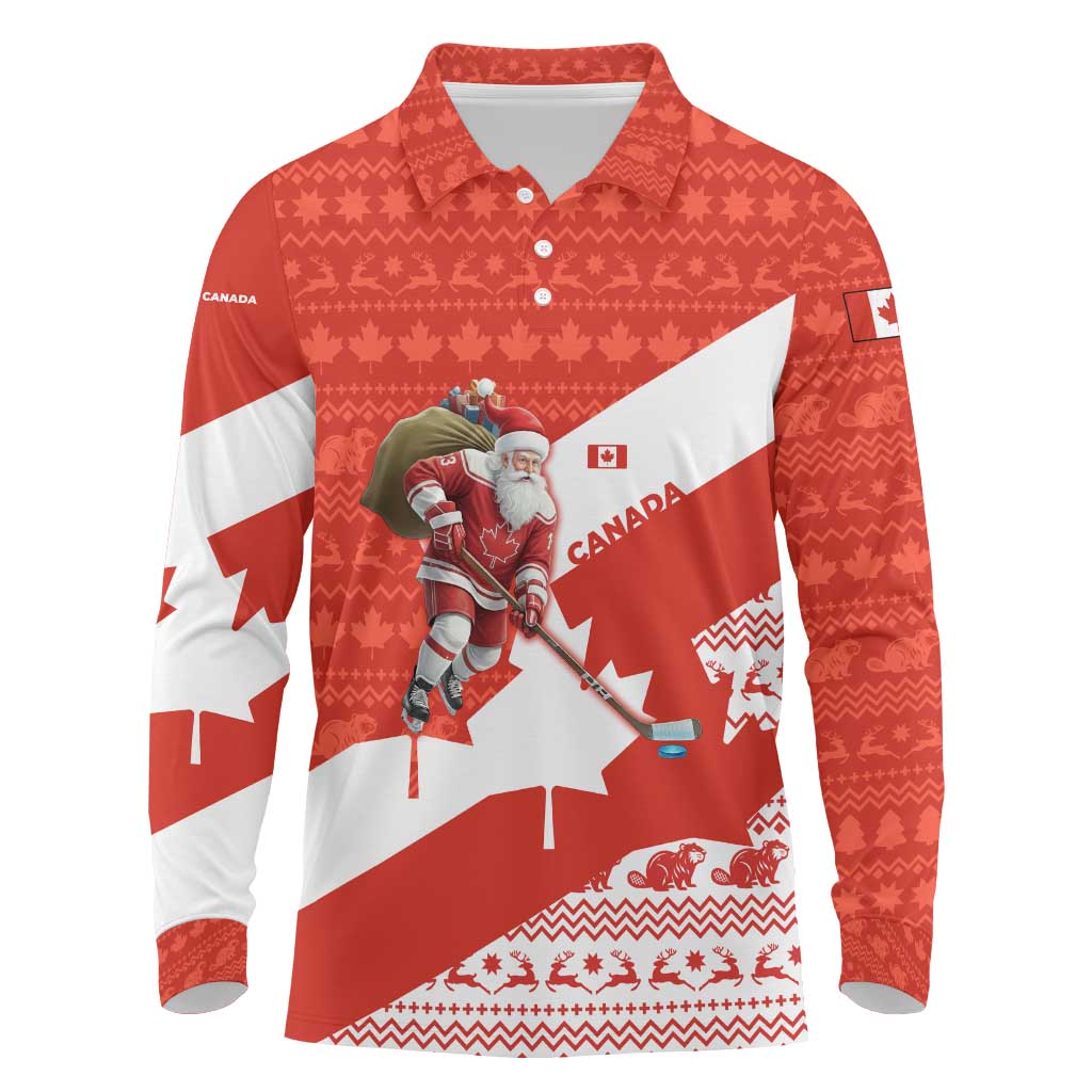 Canada Christmas Long Sleeve Polo Shirt with Santa Playing Hockey Maple Leaf Flag and Red White Knit Pattern Design - Wonder Print Shop