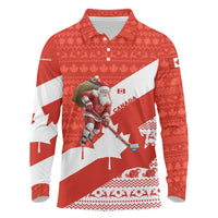 Canada Christmas Long Sleeve Polo Shirt with Santa Playing Hockey Maple Leaf Flag and Red White Knit Pattern Design - Wonder Print Shop