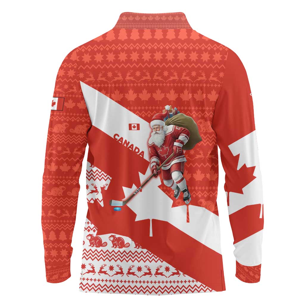 Canada Christmas Long Sleeve Polo Shirt with Santa Playing Hockey Maple Leaf Flag and Red White Knit Pattern Design - Wonder Print Shop