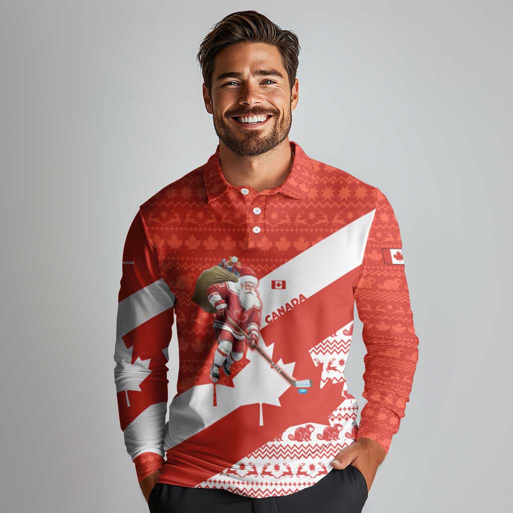 Canada Christmas Long Sleeve Polo Shirt with Santa Playing Hockey Maple Leaf Flag and Red White Knit Pattern Design - Wonder Print Shop