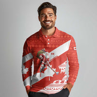 Canada Christmas Long Sleeve Polo Shirt with Santa Playing Hockey Maple Leaf Flag and Red White Knit Pattern Design - Wonder Print Shop