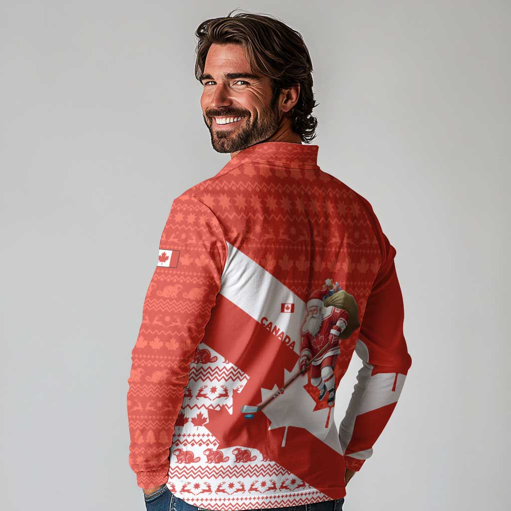 Canada Christmas Long Sleeve Polo Shirt with Santa Playing Hockey Maple Leaf Flag and Red White Knit Pattern Design - Wonder Print Shop