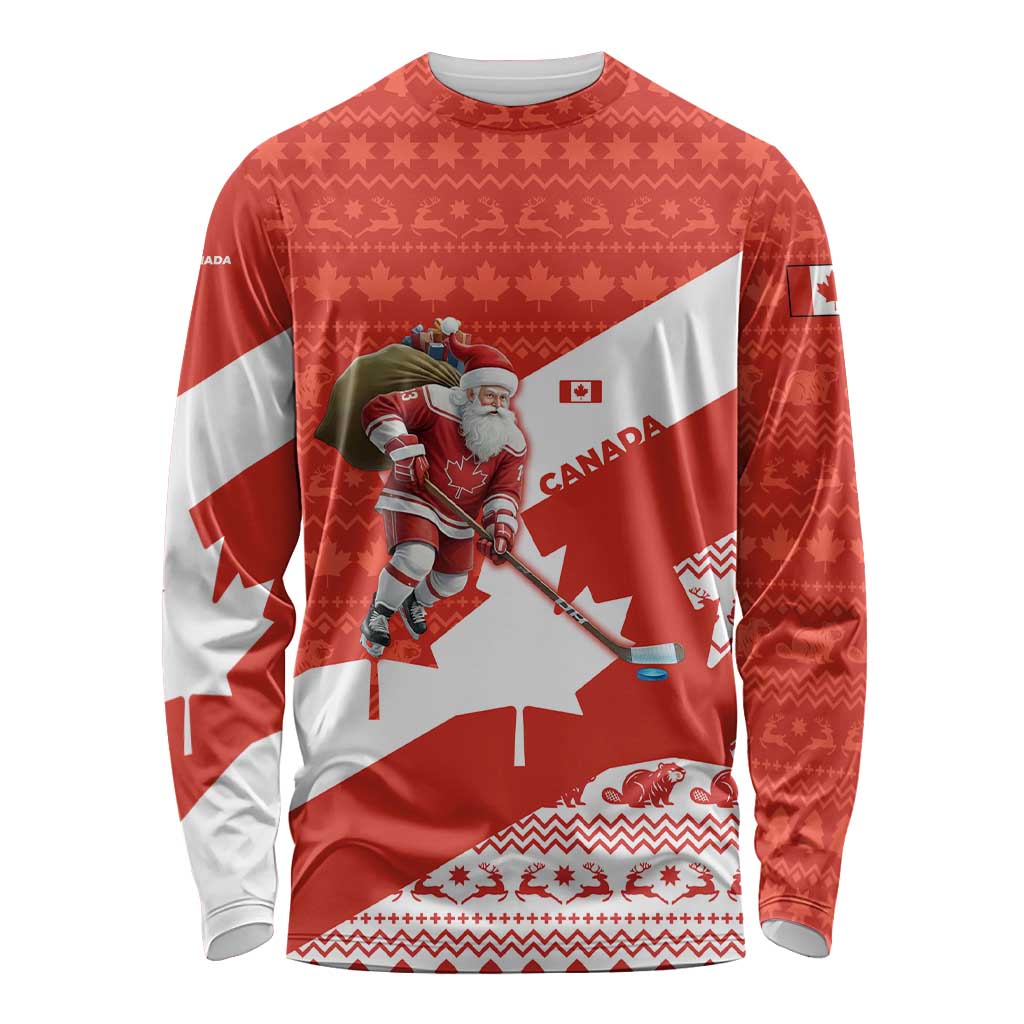 Canada Christmas Long Sleeve Shirt with Santa Playing Hockey Maple Leaf Flag and Red White Knit Pattern Design - Wonder Print Shop
