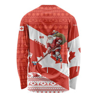 Canada Christmas Long Sleeve Shirt with Santa Playing Hockey Maple Leaf Flag and Red White Knit Pattern Design - Wonder Print Shop
