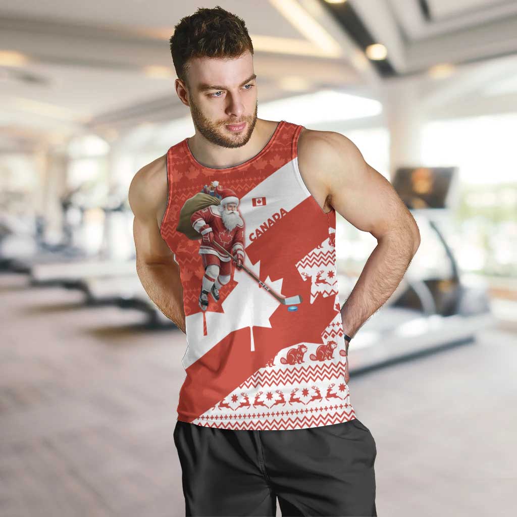 Canada Christmas Men Tank Top with Santa Playing Hockey Maple Leaf Flag and Red White Knit Pattern Design - Wonder Print Shop
