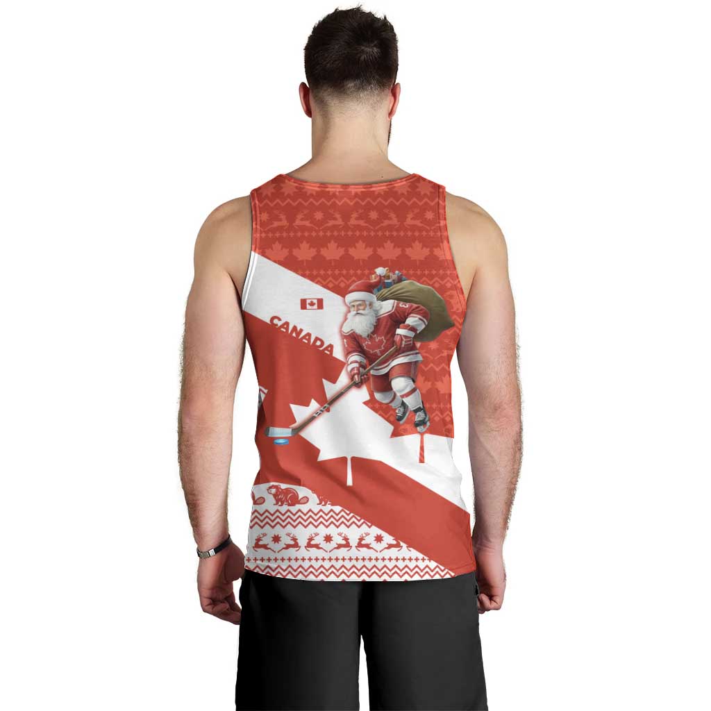 Canada Christmas Men Tank Top with Santa Playing Hockey Maple Leaf Flag and Red White Knit Pattern Design - Wonder Print Shop