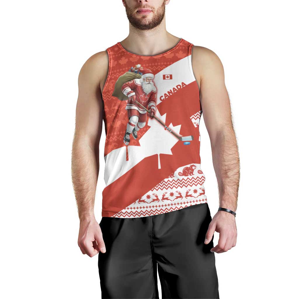 Canada Christmas Men Tank Top with Santa Playing Hockey Maple Leaf Flag and Red White Knit Pattern Design - Wonder Print Shop