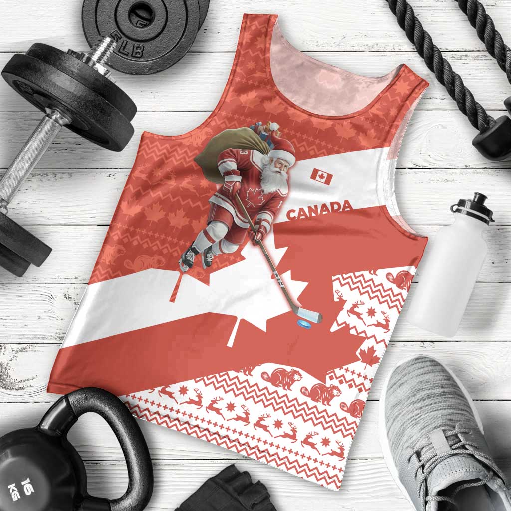 Canada Christmas Men Tank Top with Santa Playing Hockey Maple Leaf Flag and Red White Knit Pattern Design - Wonder Print Shop